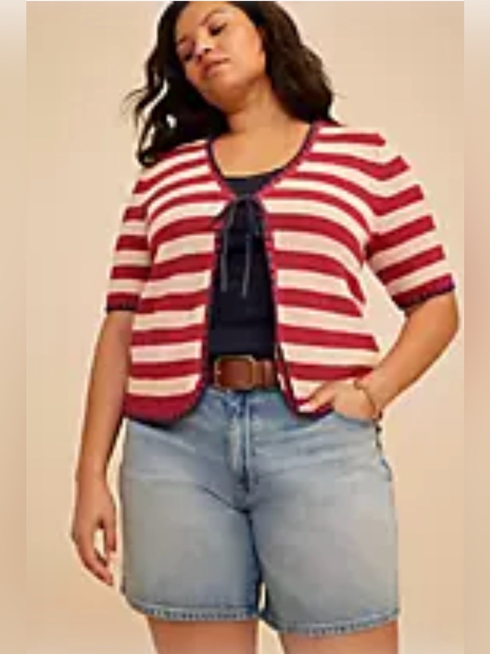 Striped Short-Sleeve Cardigan Sweater - Red & Cream